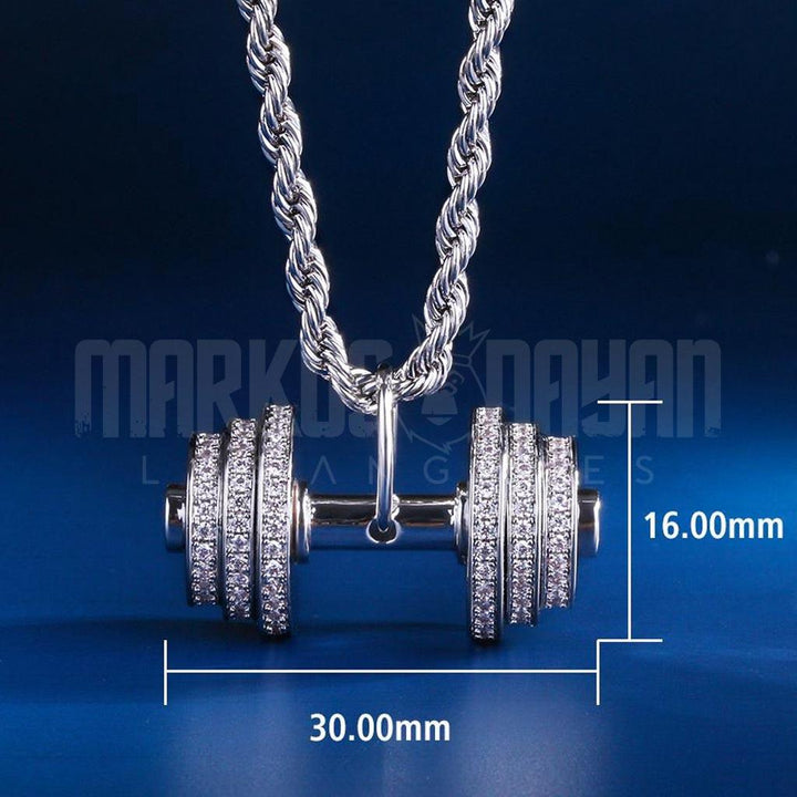 Iced Dumbbell Weight Lifting Workout Pendant White Gold - Markus Dayan