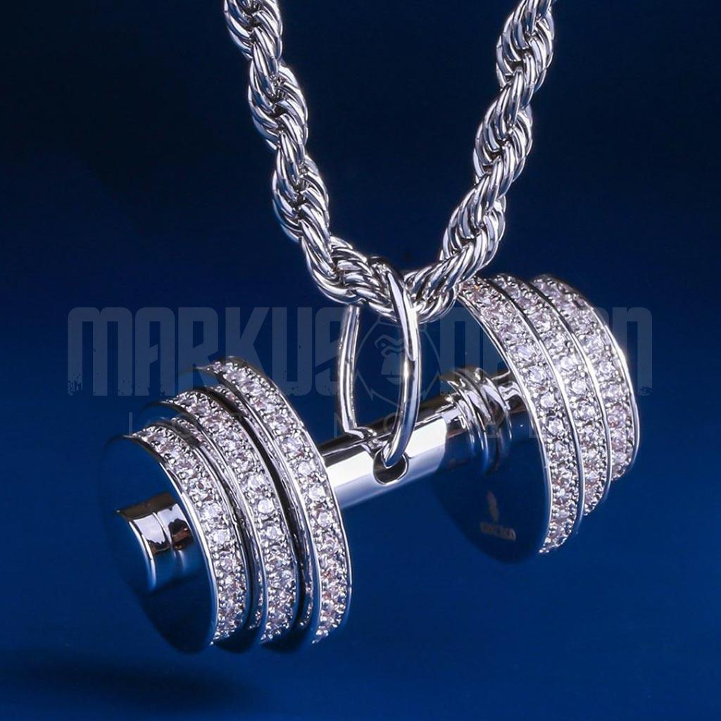 Iced Dumbbell Weight Lifting Workout Pendant White Gold - Markus Dayan