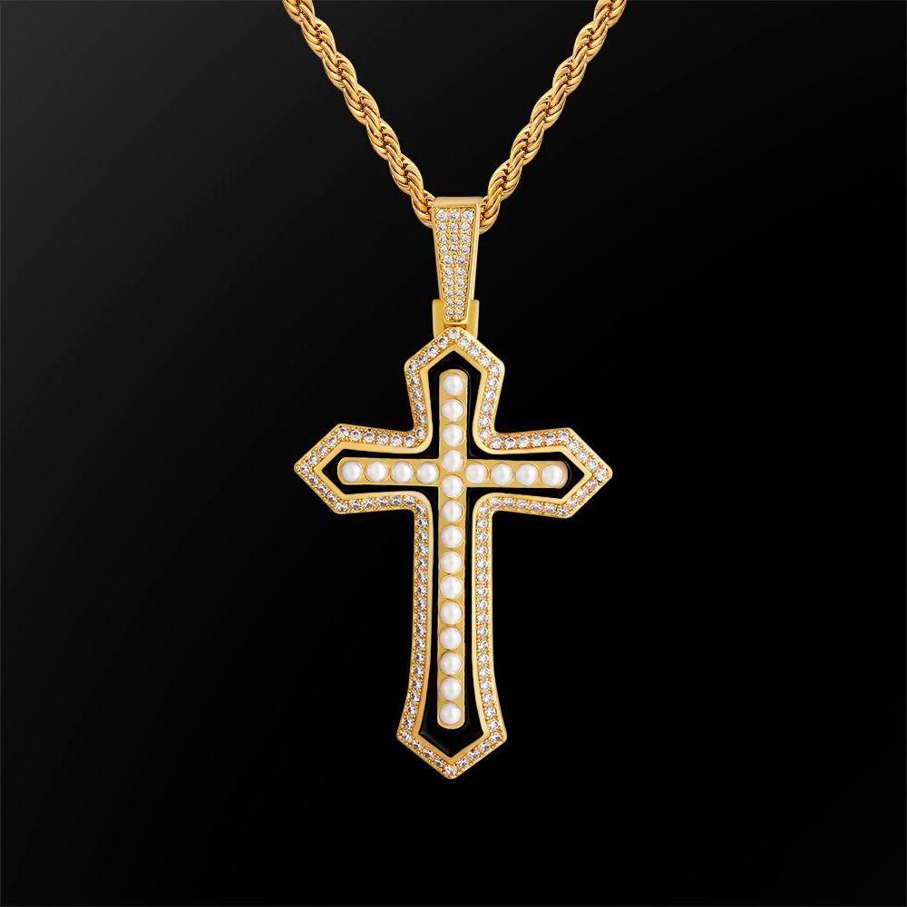 Iced Pearl Cross Necklace with Diamonds 14K Gold - Markus Dayan