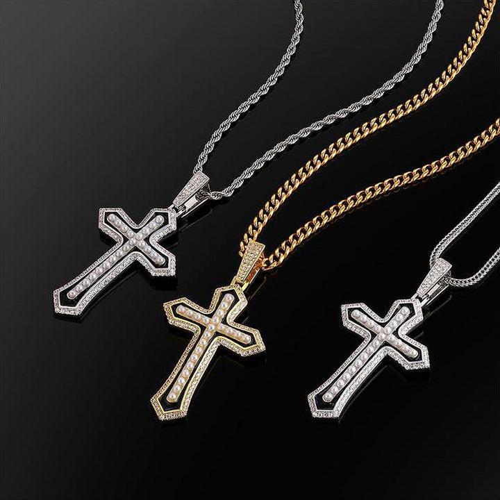 Iced Pearl Cross Necklace with Diamonds 14K Gold - Markus Dayan