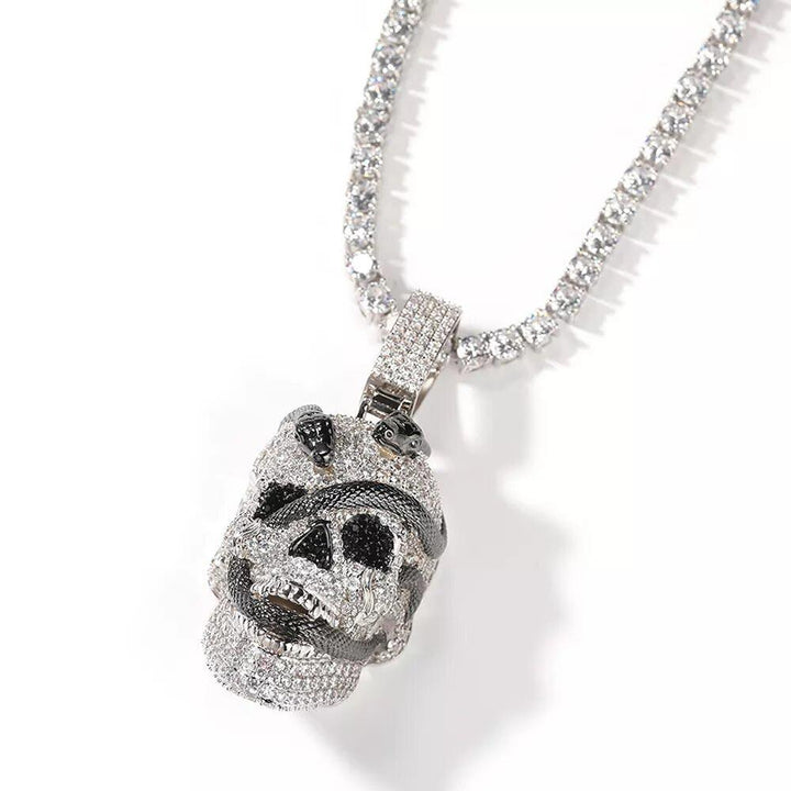 Iced Silver Skull Black Snake Pendant Necklace - Markus Dayan