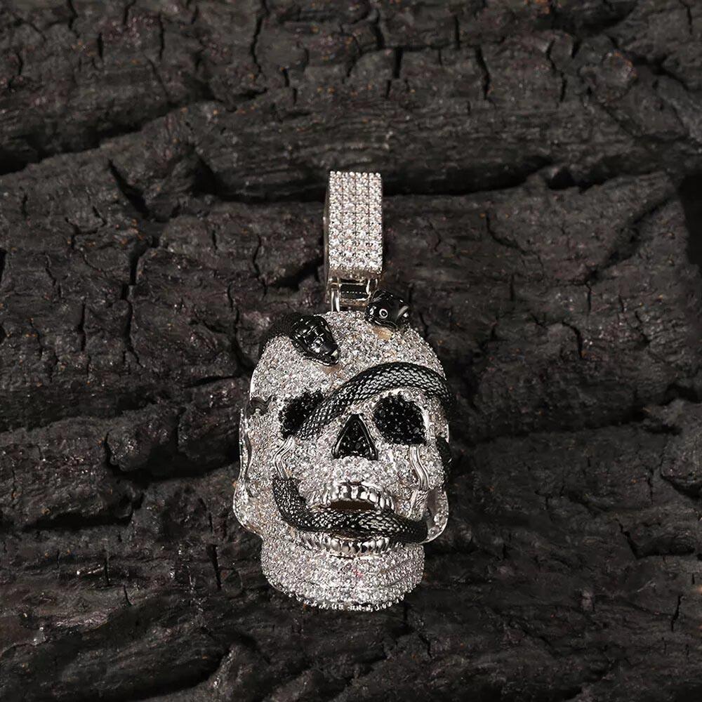 Iced Silver Skull Black Snake Pendant Necklace - Markus Dayan