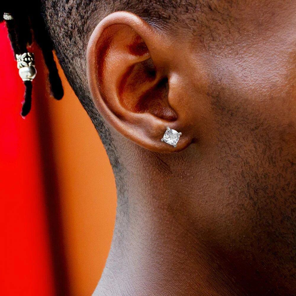 Diamond Stud Earrings On Ear Men 36 Square Diamond Silver Stud For