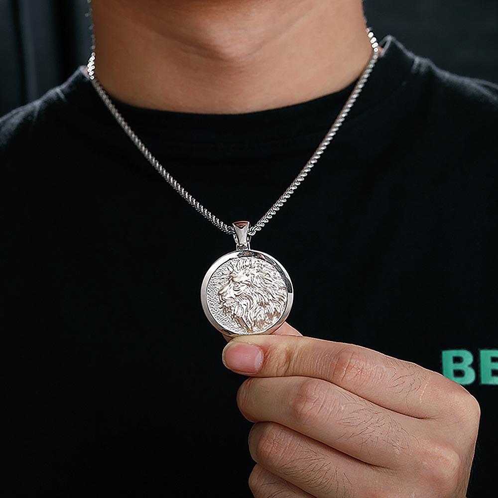 Round Lion Head Silver Pendant Necklace (Free Engraving) - Markus Dayan