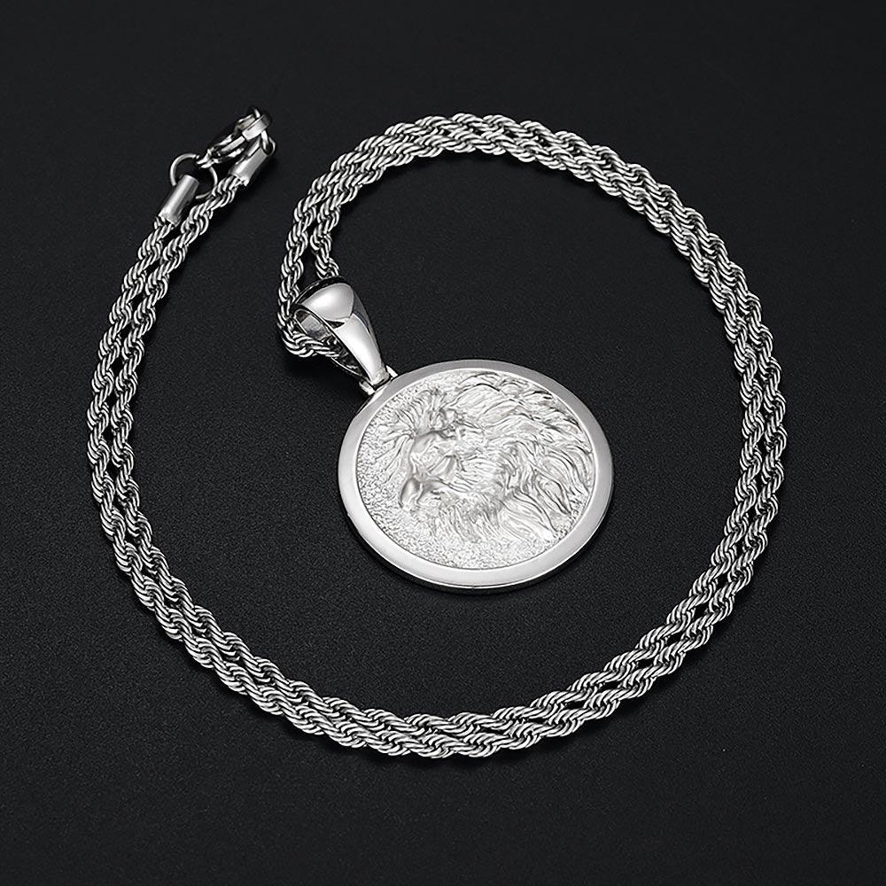 Round Lion Head Silver Pendant Necklace (Free Engraving) - Markus Dayan